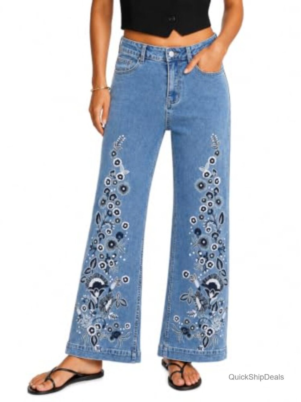 Embroidered Flare Jeans Mid Rise Stretch Denim Wide Leg Boho Casual